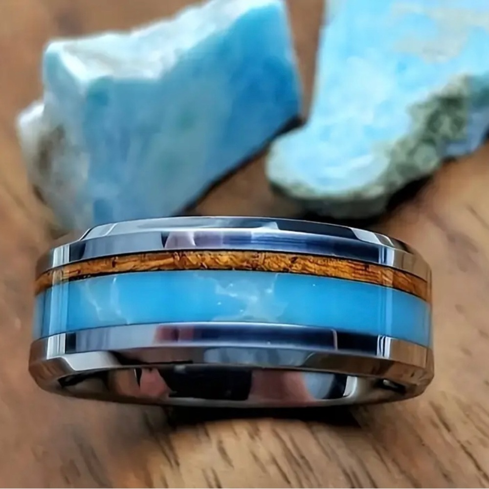 Men's Stainless Steel Ring Inlaid-colors wood/turquoise NWT multiple sizes avail